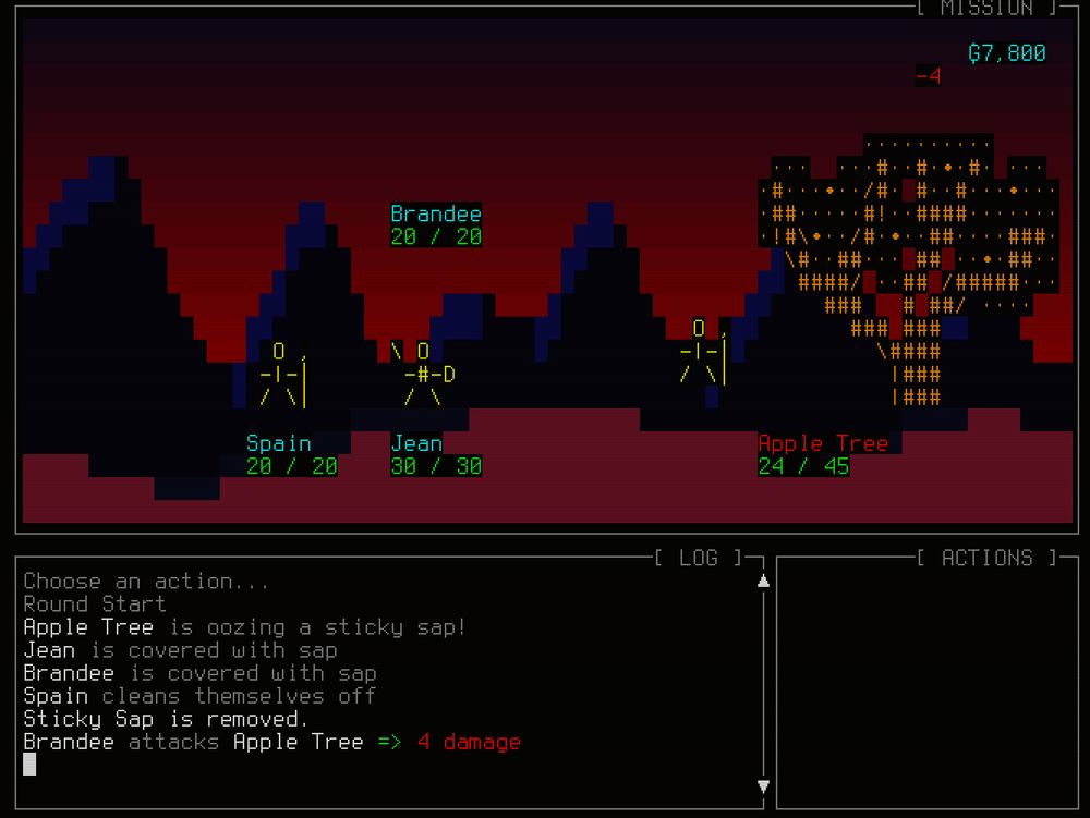 an enemy apple tree made out of ascii characters. the player's team are getting covered with sap, which clogs up your ability to play orders unless you clean it off.