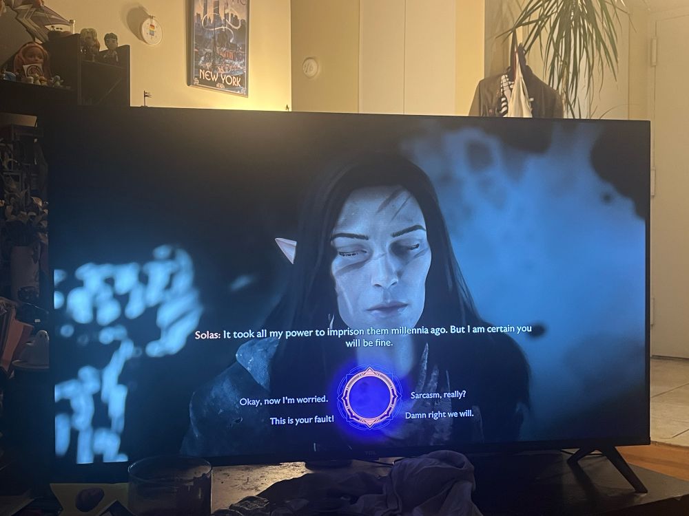 My dragon age Veilguard rook, an elf with long black hair and a scar 