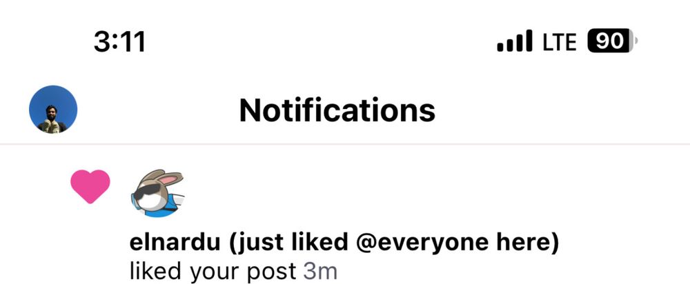 Screenshot of my notifications tab. One notification indicating one of my posts has been liked.