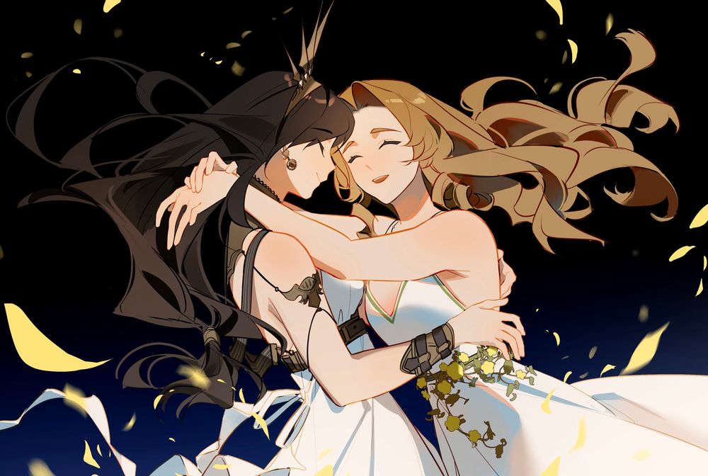 Art piece commissioned from Solis (@ylceon on twitter/insta) featuring Tifa and Aerith embracing each other in their Rosa and NPTK dresses respectively, with yellow petals flowing around them