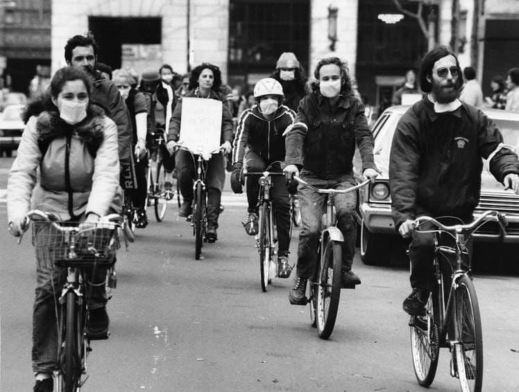 Image 14. "Bicyclists sing as they gather for a ride around Philadelphia City Hall to urge officials to encourage bicycle commuting into the city. Among their proposals are more than 25 miles of bicycle routes and secure bike parking arrangements." (Craig, James A. “Bikers protest” November 19, 1977. George D. McDowell Philadelphia Evening Bulletin Collection.)
