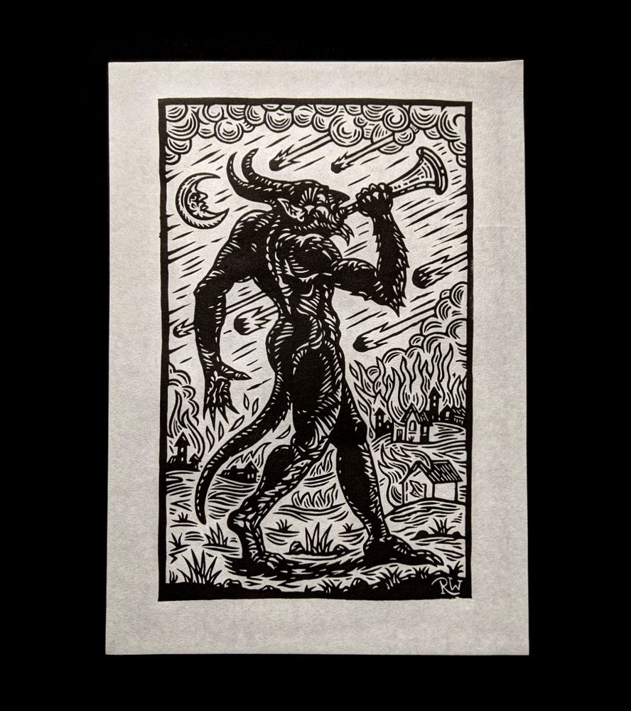 Haunted lino print of a trumpeting demon figure against a village destroyed by flaming meteors