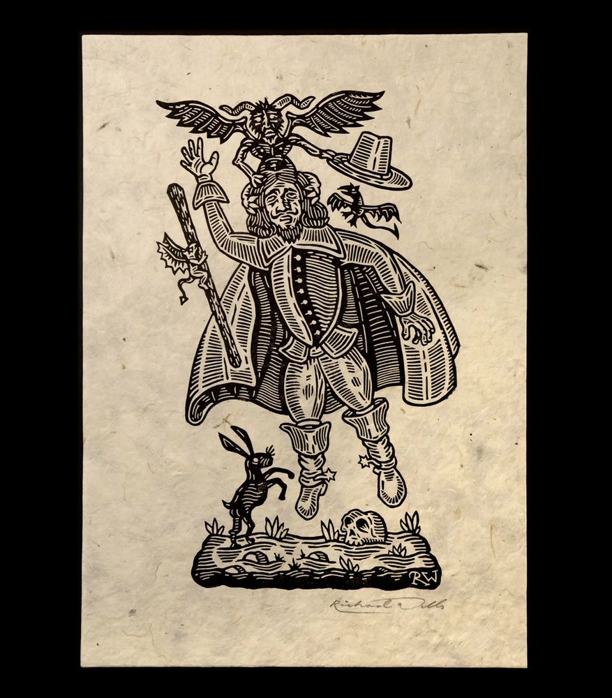 Haunted lino print of a witchfinder being carried away by demons