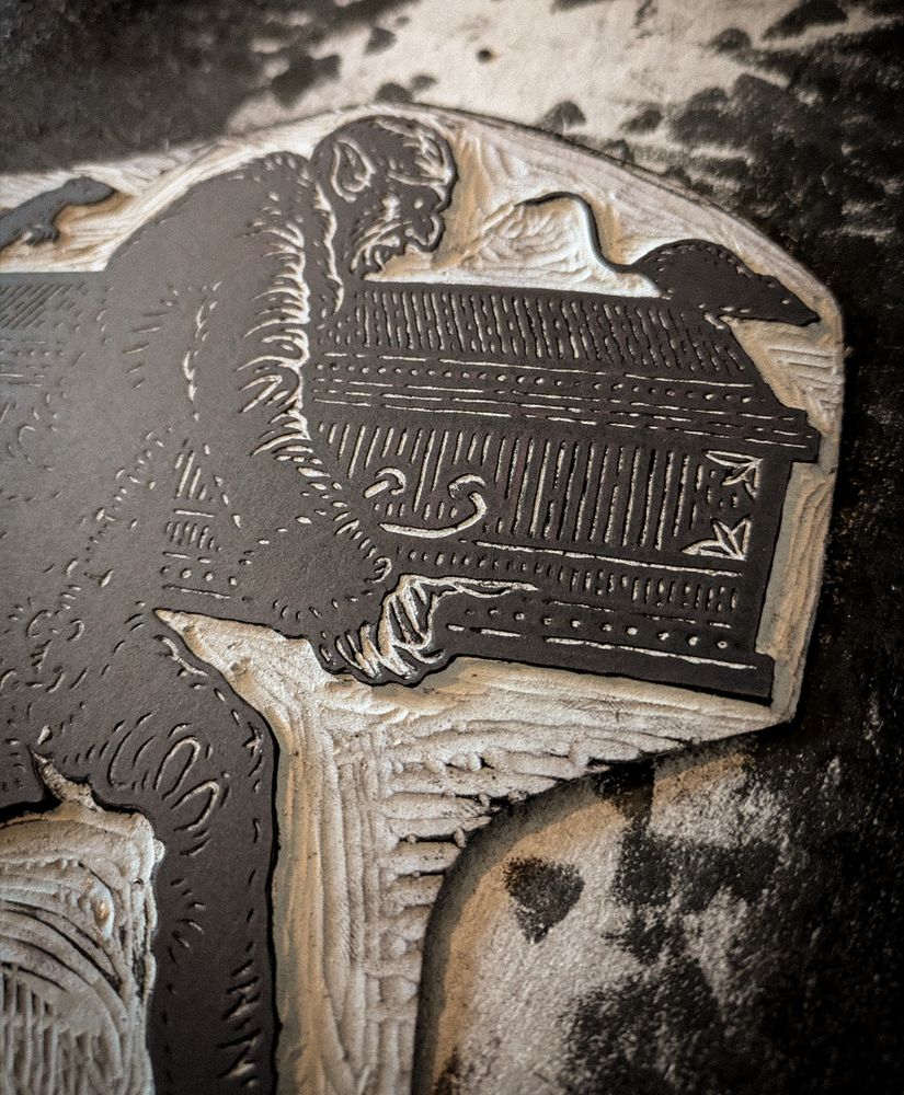 The finished cut piece of lino used to make the print.