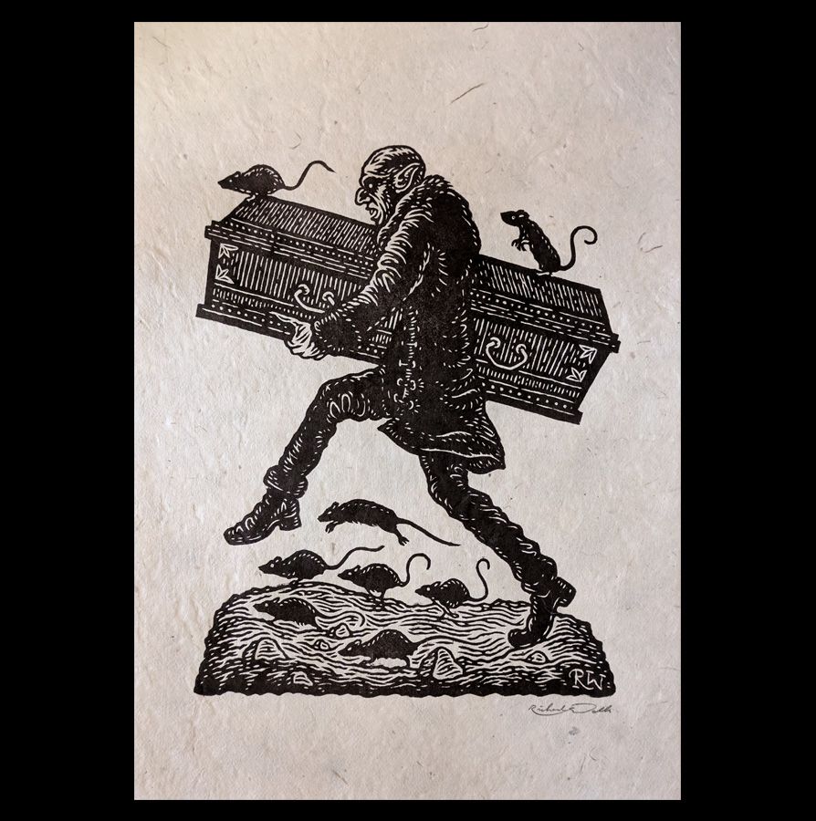 A lino print on handmade paper. Nosferatu scuttles along carrying his coffin, a number of rats scuttle along with him.