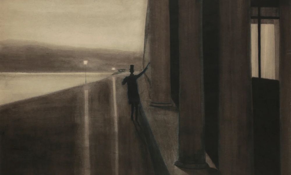 ‘A top-hatted spectre’ strolls past Ostend’s neoclassical seafront colonnade in Spilliaert’s The Night, 1908