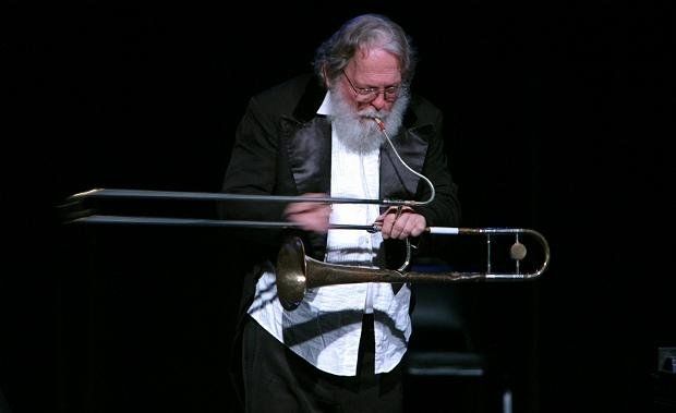 Professor Peter Schickele plays a tromboon, a cross between a trombone & a bassoon