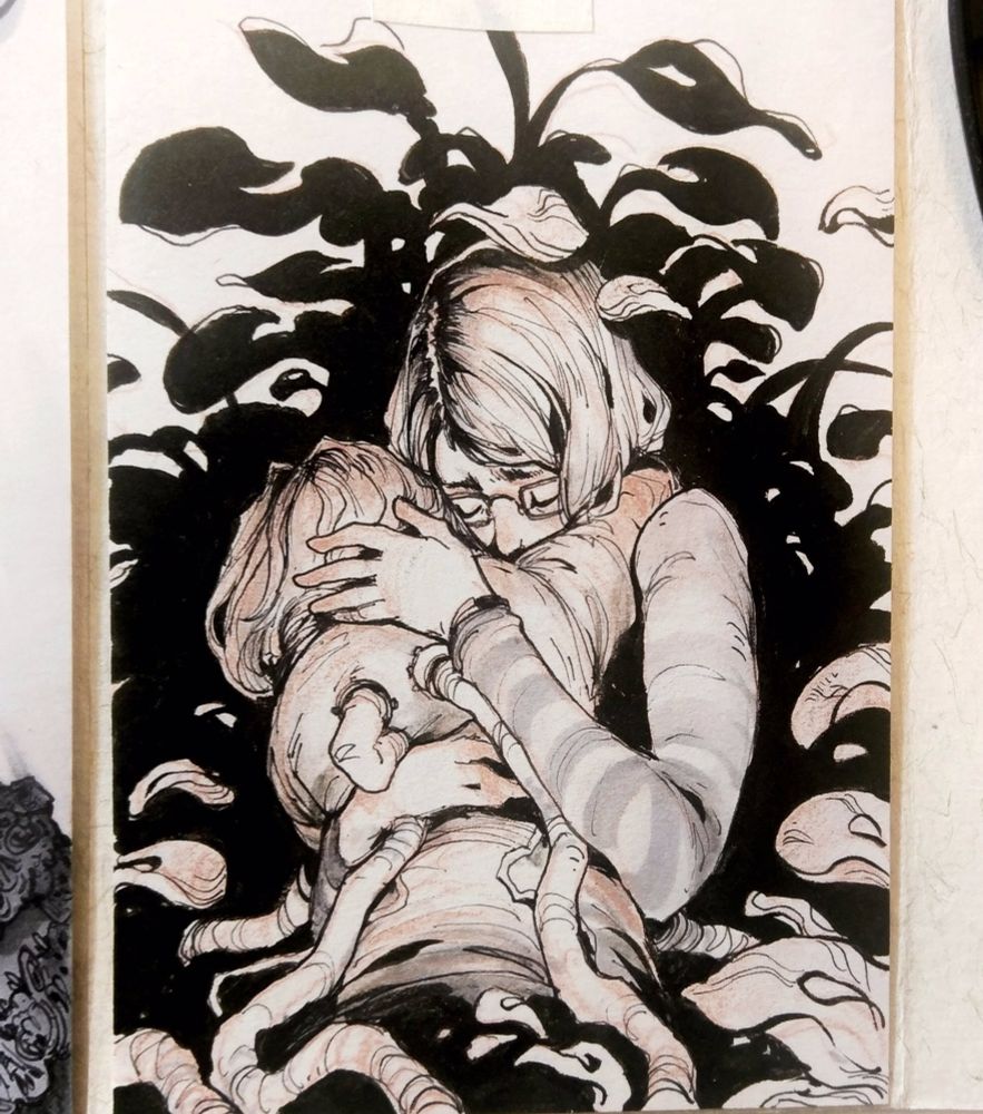 Art of an artist hugging their hurt and abused younger self against a backdrop of leaves. 