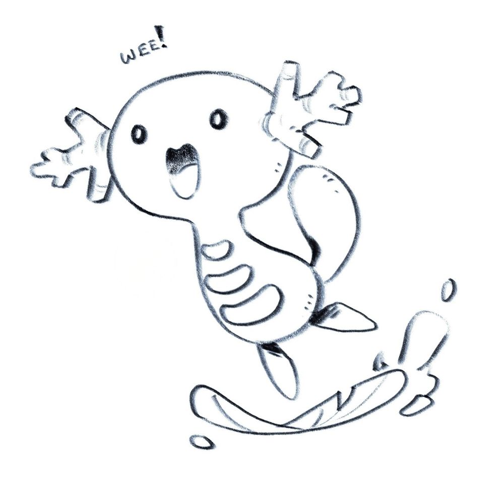 Sketch of the Pokemon wooper surfing on a lilypad and saying wee!