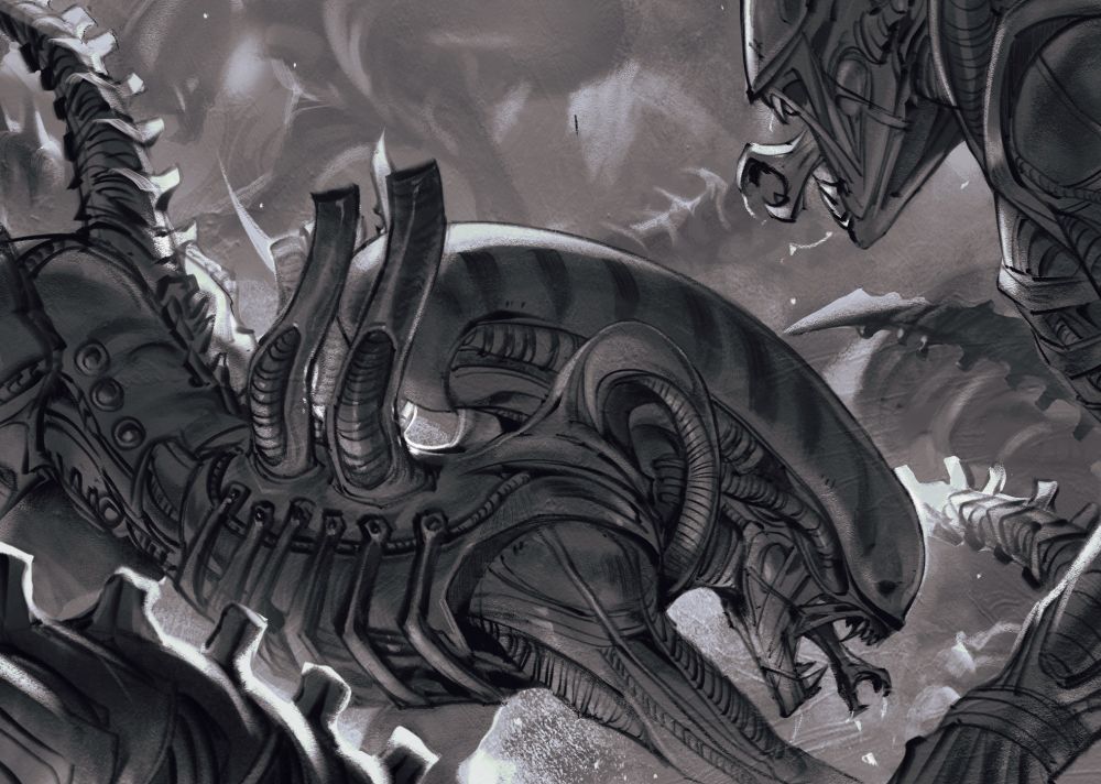 Painting of an alien lurking with a horde of other aliens.