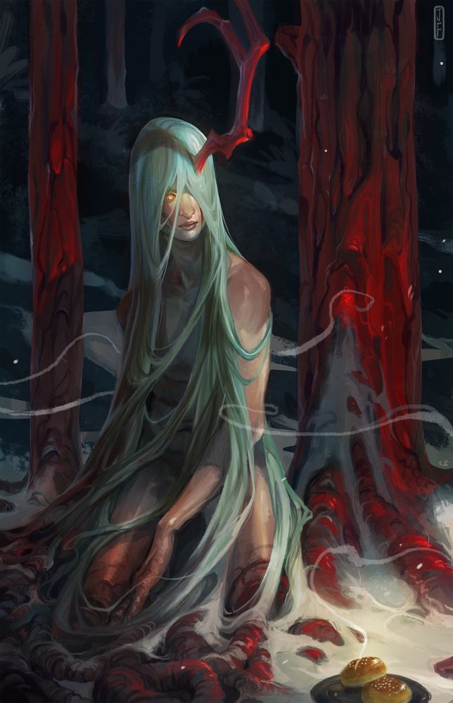 Long haired spirit in the snow among red trees with an offering of pastries in the corner.