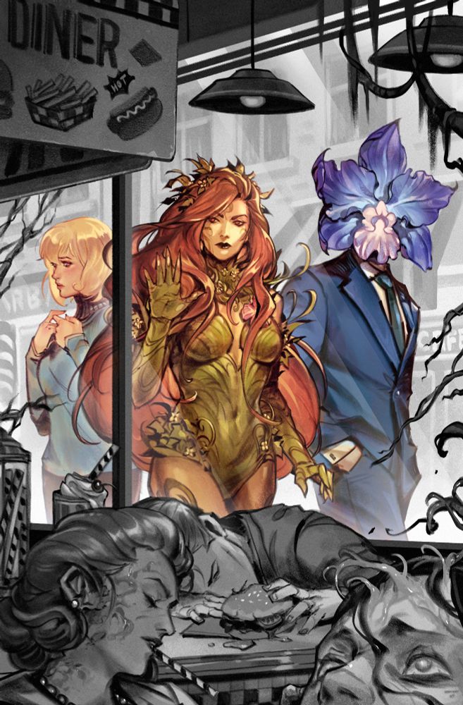 DC Comics characters Poison Ivy, Janet from HR, and Peter Undine passing by a diner full of people who have died mid activity. Plants and moss are growing out of the customers and creeping into the scene. 