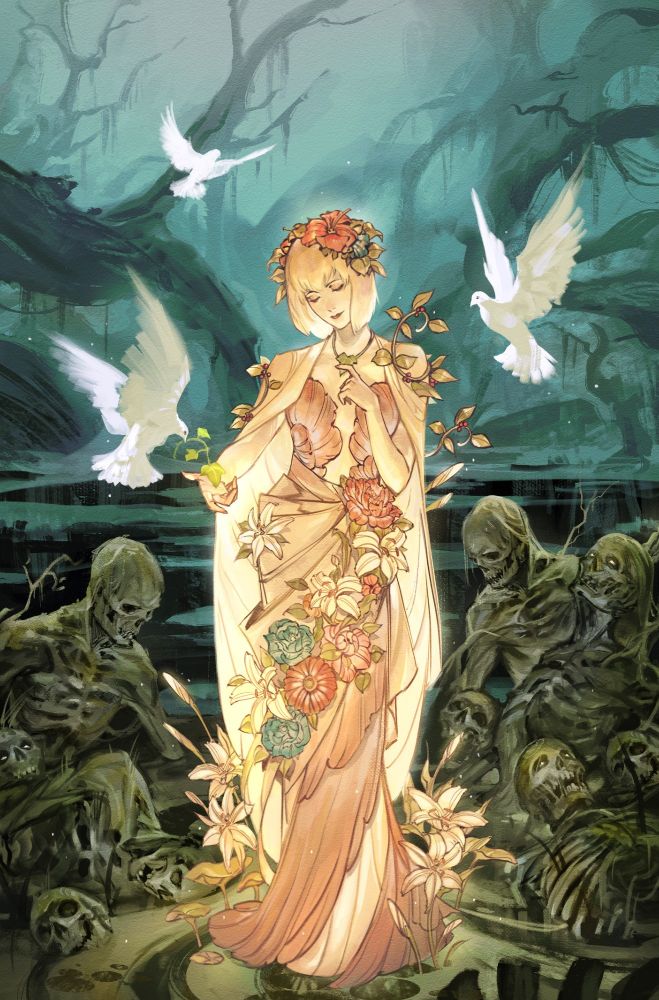 Art of a woman in a dress of flowers surrounded by doves and skeletons in a swamp. 