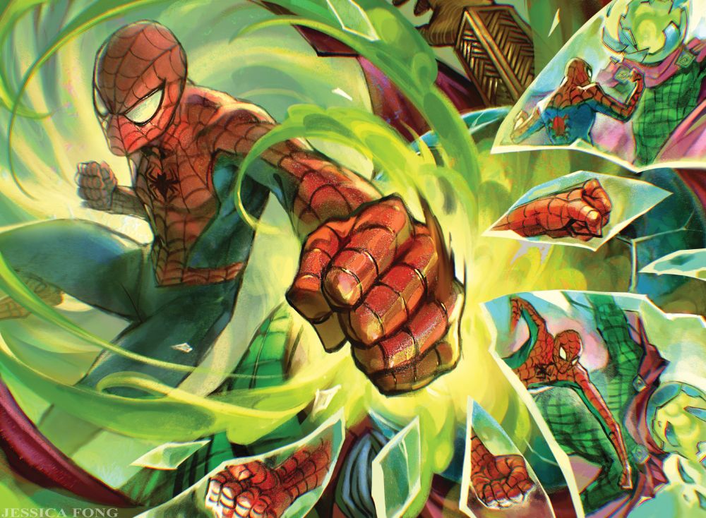 Card art of Spider-Man punching and breaking Mysterio's helmet with green smoke swirling around them form the impact. The shards each show an image of them fighting.