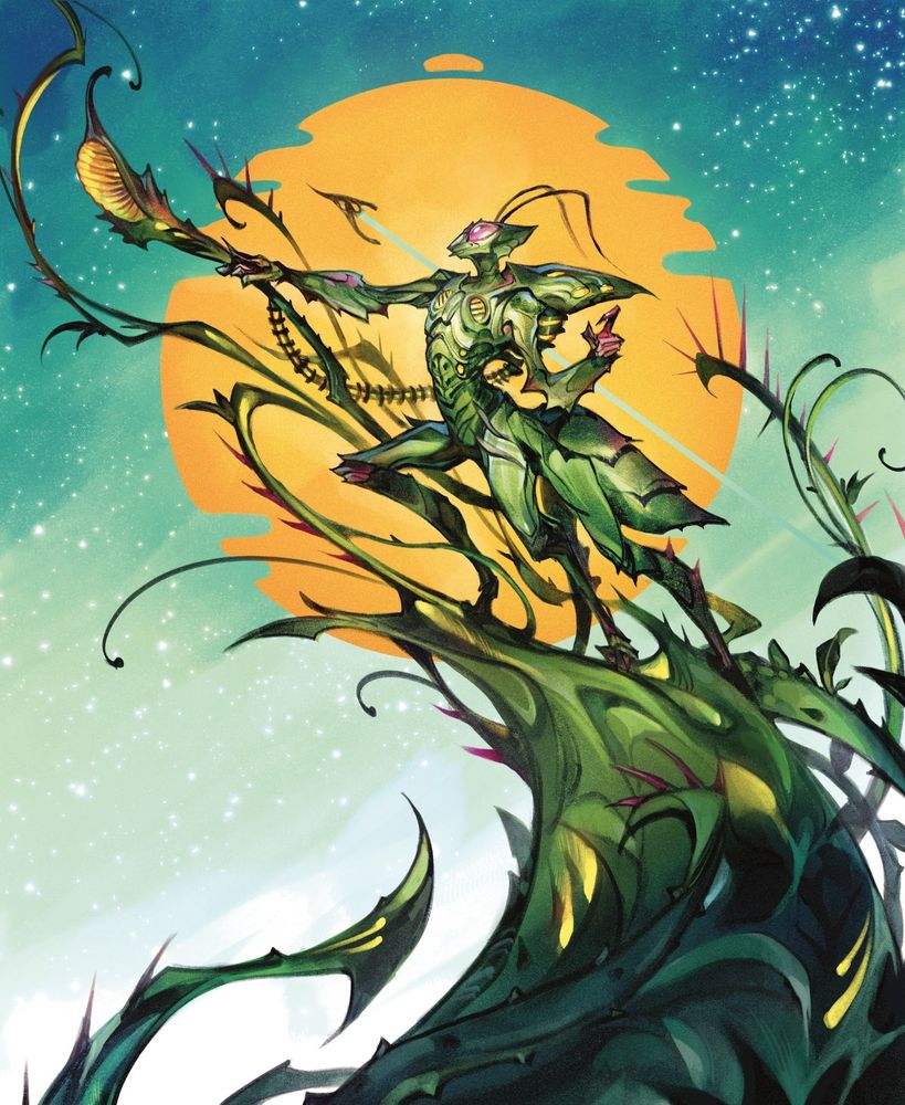 Art of a warrior raising its staff against the backdrop of a hazy sun. Made for Magic: The Gathering's Edge of Eternities.