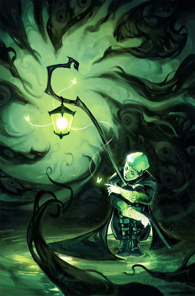 Green Lantern character Rina Mori sitting in a shallow pool with dark tendrils closing in on a green lantern hanging from the staff she's holding. 