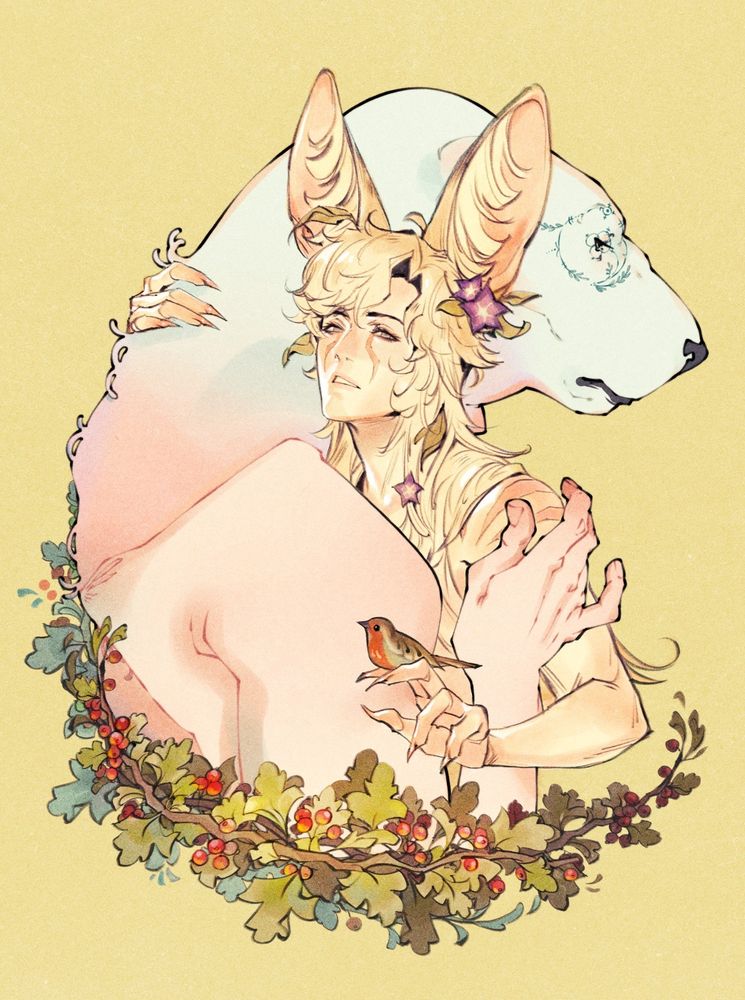 Polar bear character hugging a fennec fox character with a wreath of berries and leaves beneath them. A robin is perched on the fox's hand.