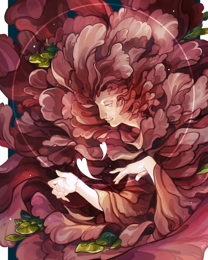 Art of a pink flower character with two hearts floating in front of her.