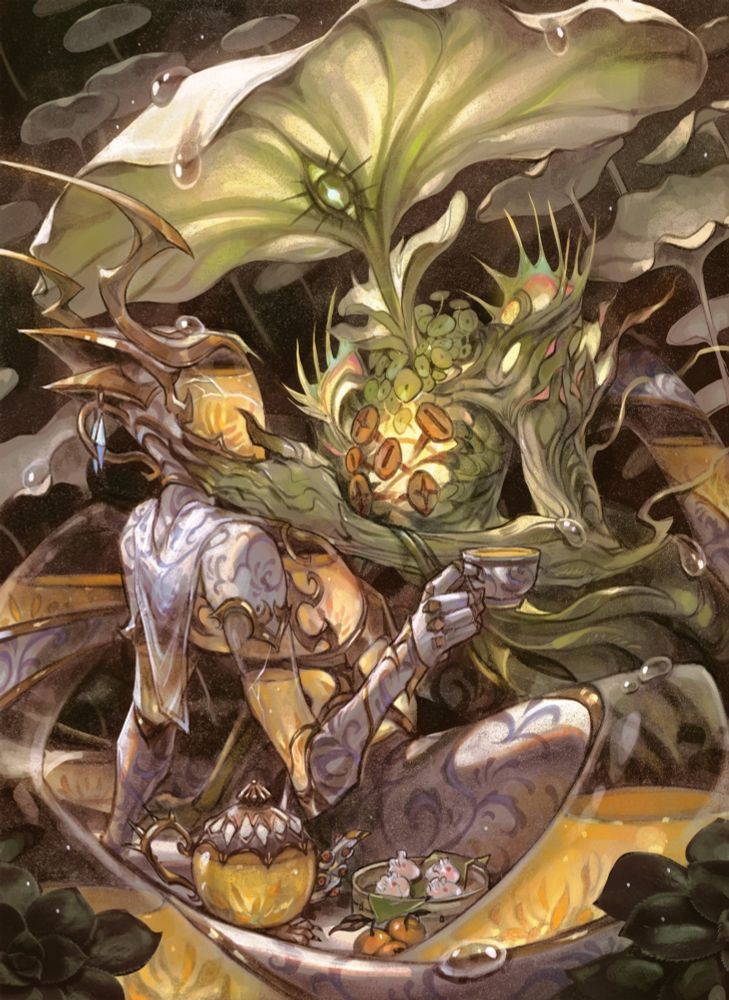 Art of a plant and tea themed monster couple enjoying a small picnic 
