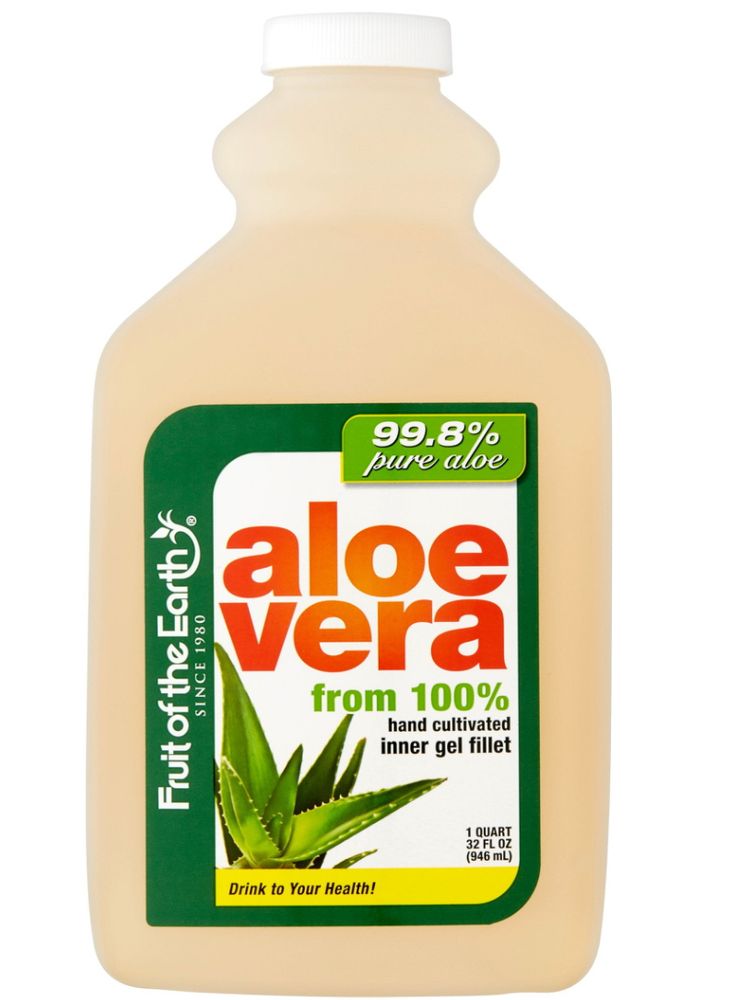 Bottle of Fruit of the Earth aloe vera juice. 