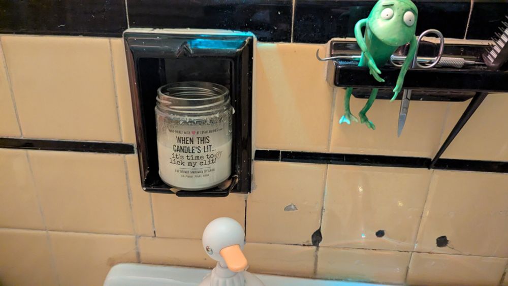 picture of a bathroom sink that has a duck soap dispenser, a weird frog-like figurine, and a candle that says "when this candle's lit, it's time to lick my clit"