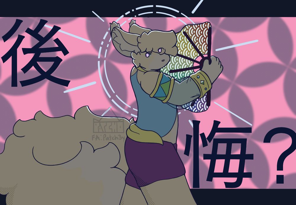 Jack holding a fan looking at the viewer with the kanji "Regret" behind him