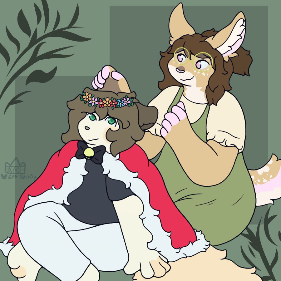 Eve putting a flower crown on Patches