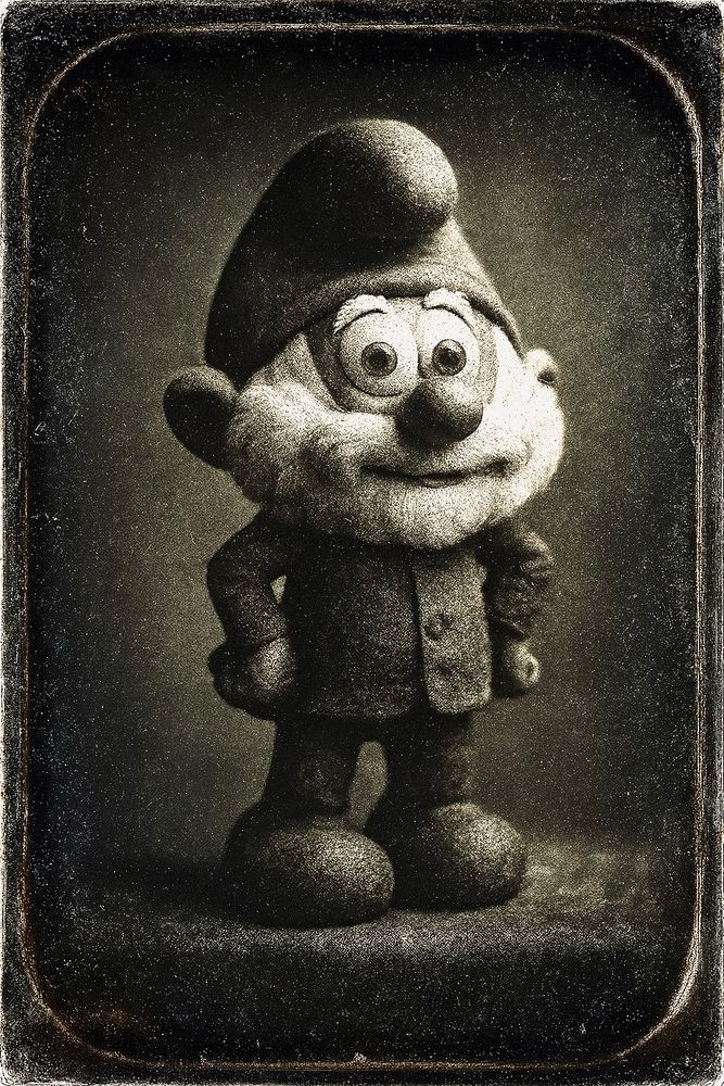 A black and white photo shows a small cartoon-like character standing and facing forward. The character has a large, round nose, big eyes, and a thick white beard. It wears a tall, soft-looking hat and a jacket with buttons, both matching in color. Its hands rest on its hips, and its expression is calm and slightly smiling. The photo looks very old, like it was taken in the 1800s. The edges are dark and a little faded, and the surface looks shiny and worn, like metal. The background is plain and dark, helping the character stand out clearly. The whole image has a still, serious feeling, as if the character had to stay very still for a long time to have the picture taken. The picture is inside a simple old frame, with soft shadows and marks that make it look aged and historical.