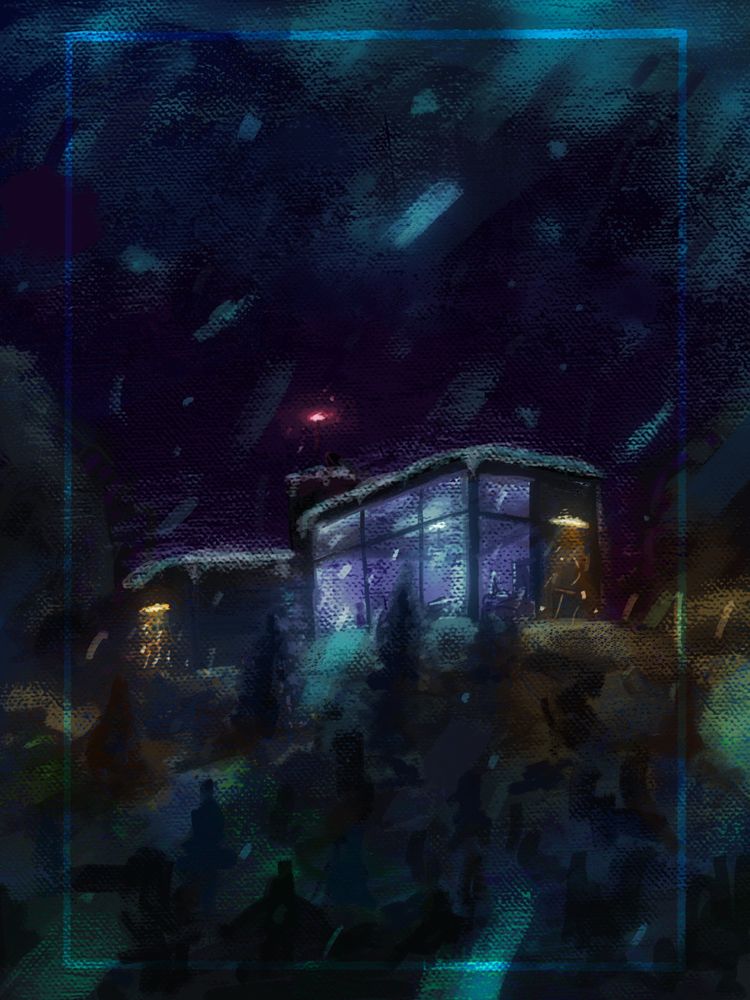 a digital painting of a modern cabin on a snowy hillside