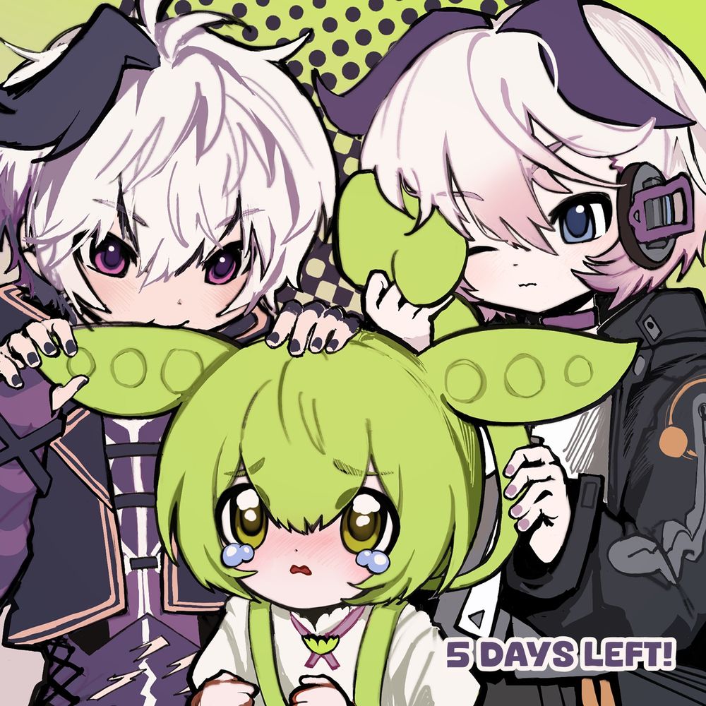 Portraits of v flower, ci flower, and zundamon. V flower is munching on zundamon's ear while ci Flower rubs zundamon's hair/tail on her face. 

Text in bottom right says "5 days left!"