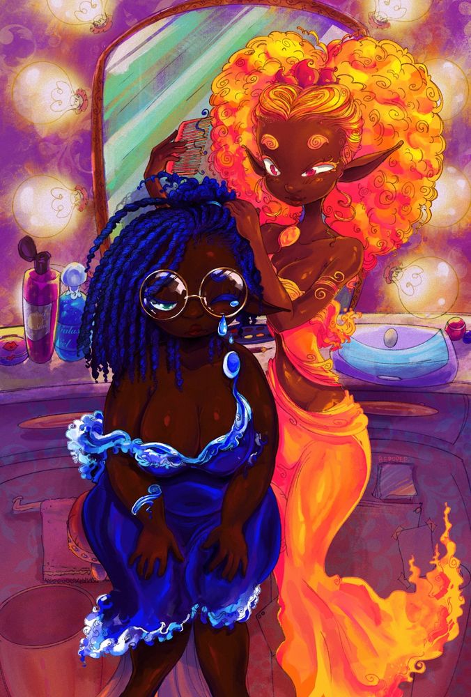 Two original characters in front of a mirror where the big sister is doing her little sister's hair who is a little tender headed. 