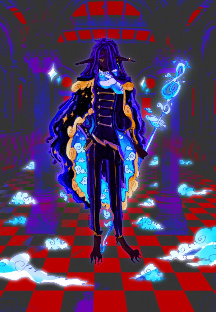 Illustration and collage of fictional oc created by Bepopee. He has purple Locs a giant cape like coat and marching band uniform