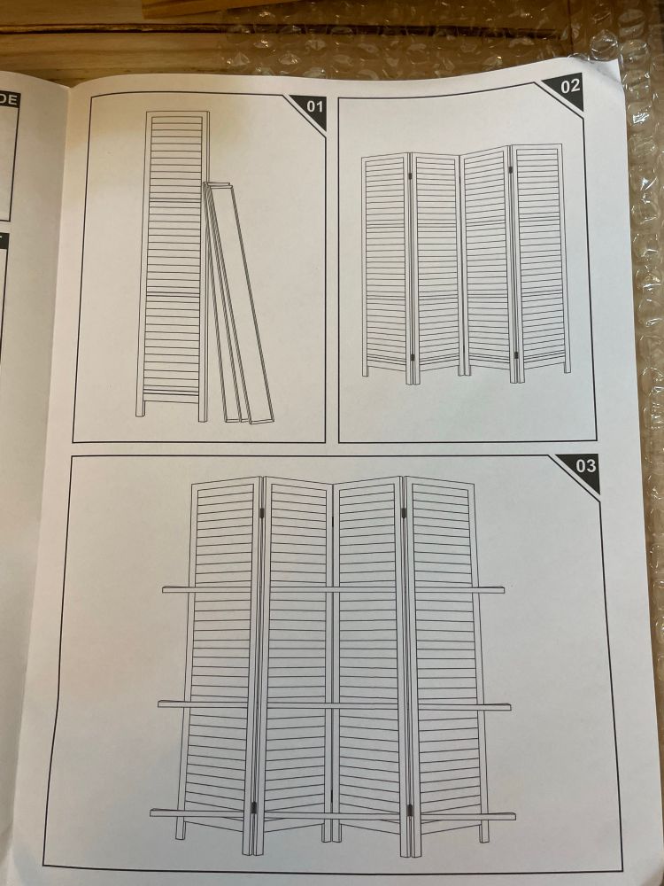 Instructions for a room divider with shelves.  Three pictures show the divider with shelves leaning on it, the divider alone, and then the divider with the shelves inserted