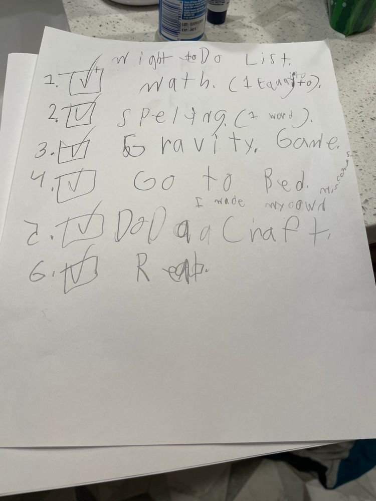 A child’s handwriting titled “might do list” including math problem (1), spelling (1 word) and go to bed 
