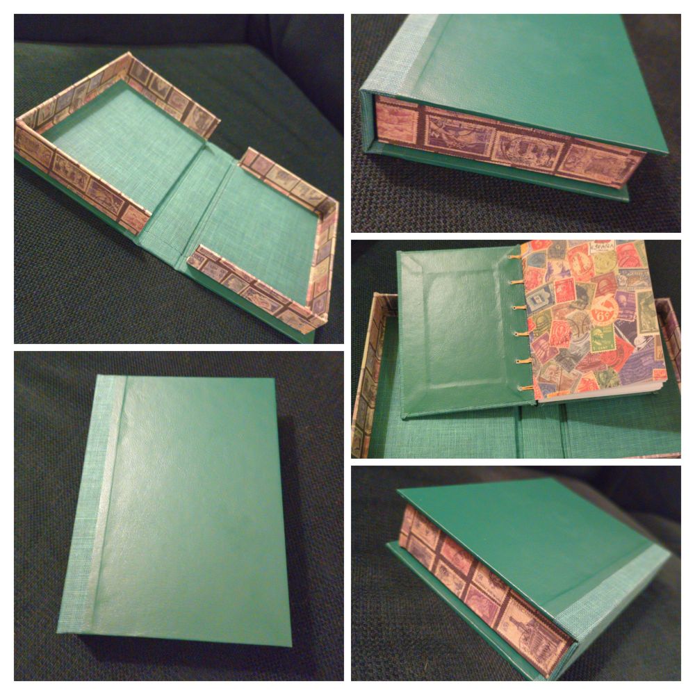 A collage of 5 pictures of a clamshell book box and a Coptic book that fits inside it. The box is green bookcloth and green faux leather, with the 'page' edges antique looking stamps.