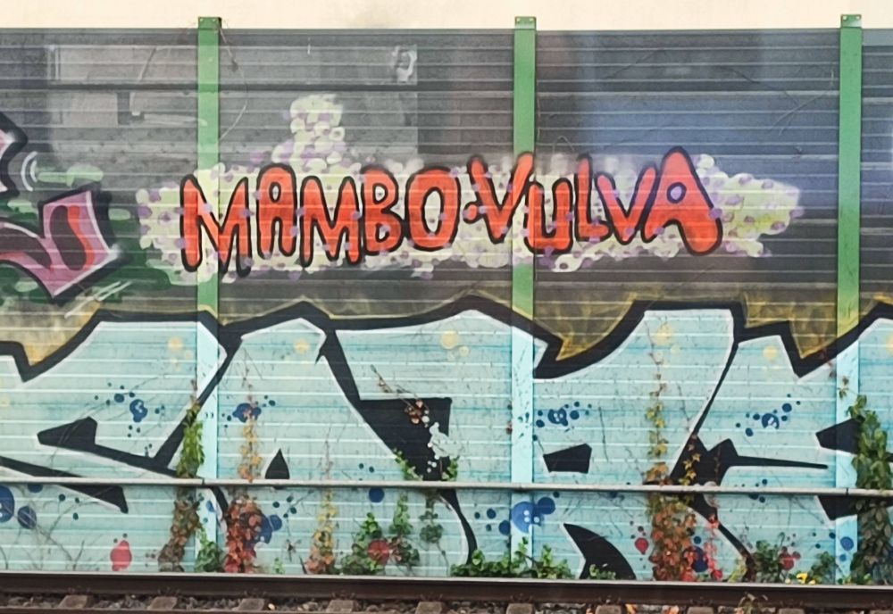 Auf einer grauen Lärmschutzwand mit grünen vertikalen Pfosten steht in Orange mit schwarzen Außenlinien MAMBO VULVA. Darunter ein weiteres Graffiti in hellblau mit schwarzen Außenlinien. Das könnten die Buchstaben SURE, SARE oder SAKE sein. 