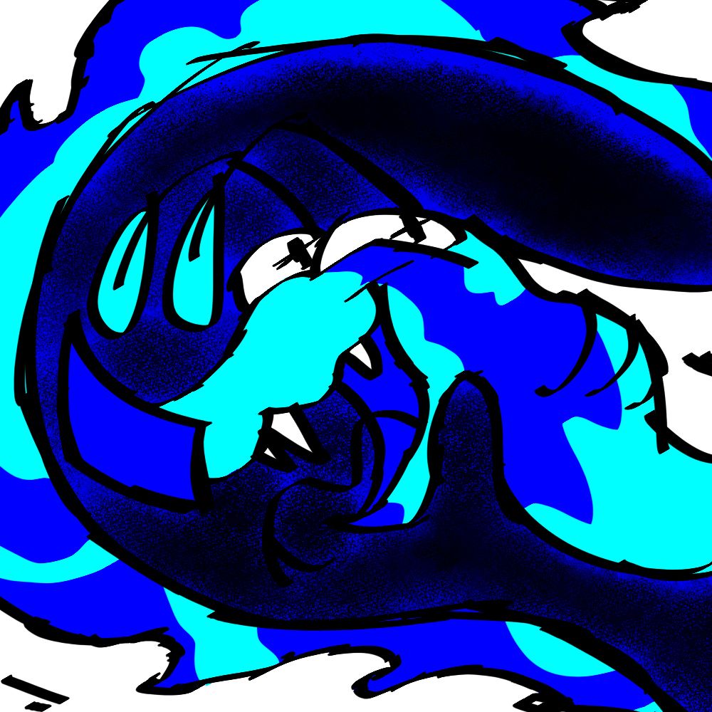 art of taphie, a ribbon eel with a huge nose, long antennae, pupils shaped like plus signs, an overbite with multiple teeth sticking out, a forked tongue, and a long flowy white frill sticking out from behind her, starting from the back of her head and ending just before her tail tip. she is stretched out over the whole image in a spiral. her normal body color has been replaced with a very saturated monochromatic blue one. she is laughing and looking off to the side. the background is black, but taphie has a dark, saturated blue aura around her.