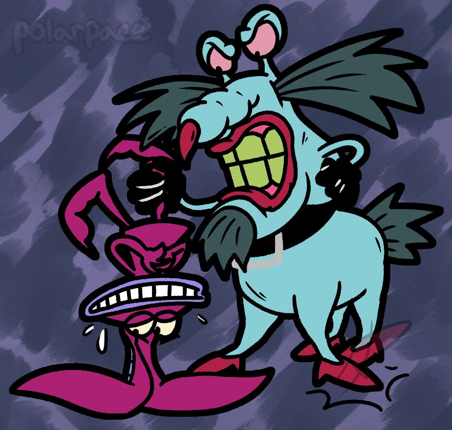 fanart of ickis and the gromble from aaahh!! real monsters. the gromble is grabbing ickis by his left leg and looking down at him, angry and growling. ickis is upside down and looking away from the gromble nervously.
