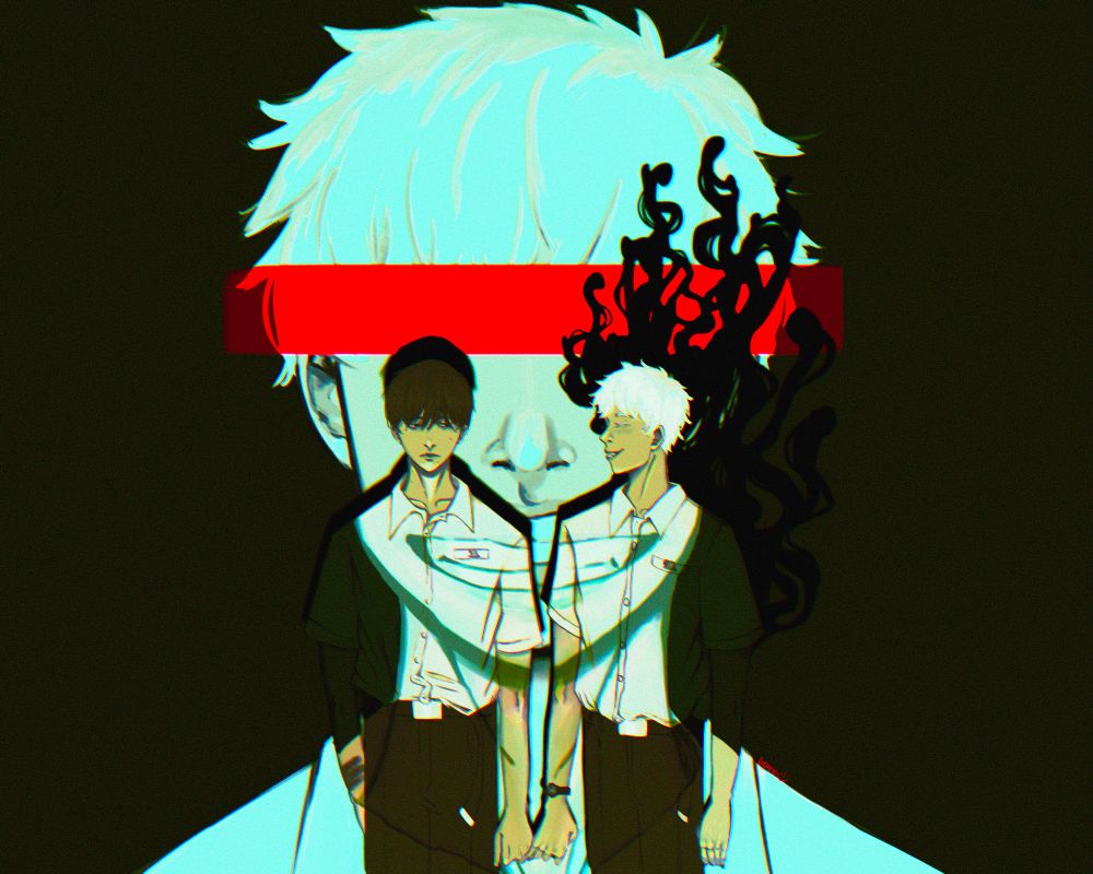 Coloured drawing of Yoshiki and Hikaru from the summer Hikaru died standing in front of a projected image of Hikaru’s face