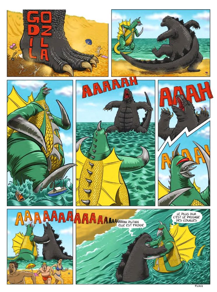 BD de godzilla et gigan qui se bagarrent dans l'eau et crient, en fait parce que l'eau est froide 

Par Flock/ tiré de Fluide glacial numéro 529