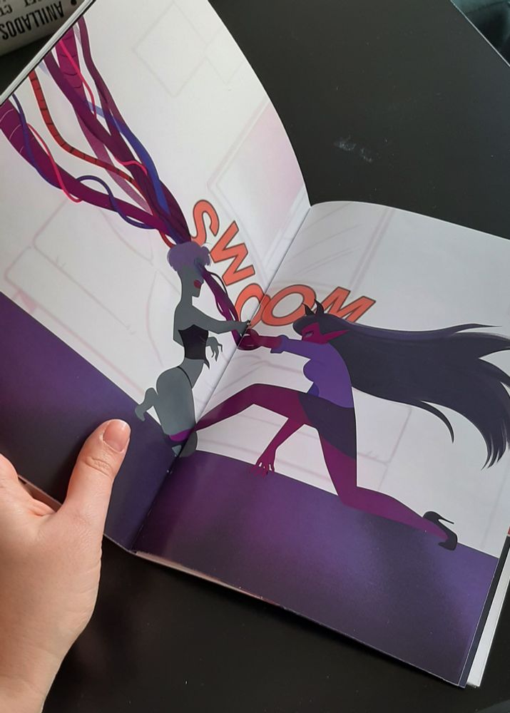 Comicbook spread showing a demon attacking a girl with a very twisted arm.