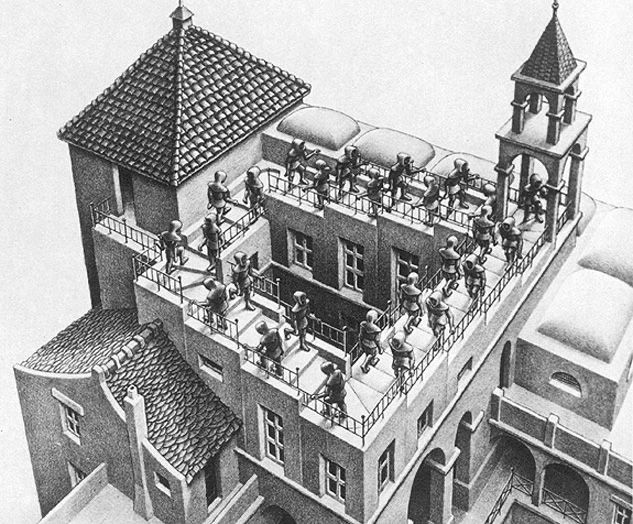 A black and white drawing in which a stairs connect four points, but each flight of stairs appears to be descending. 