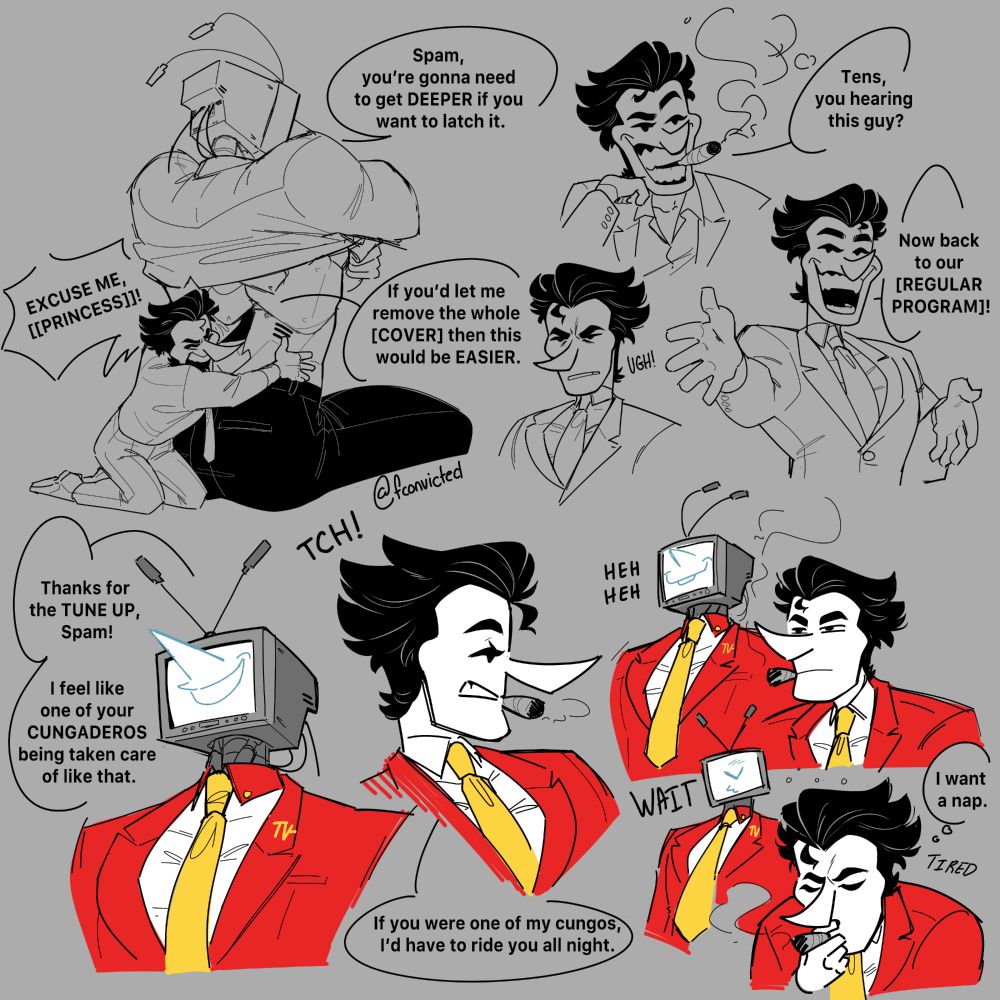 bunch of doodles with spamton and tenna in a homoerotic bromance 