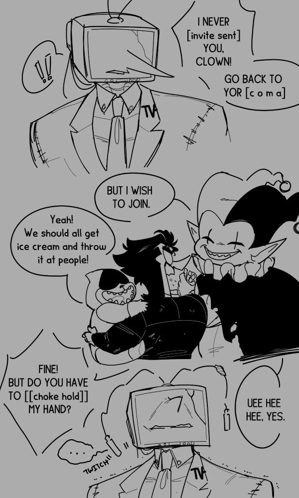 Conc (cont): Tenna hears Spamton tell Jevil to go back to sleep and catches the three of them hanging out. This makes Tenna envious and sad.