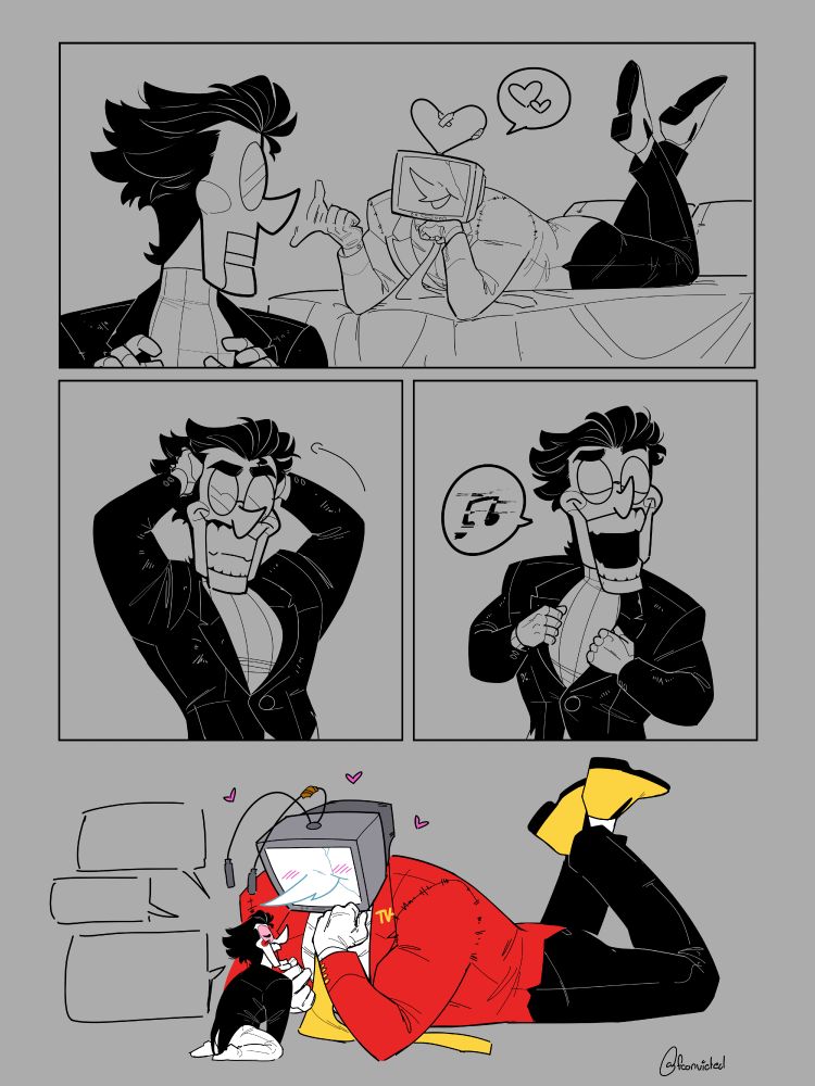 four panel comic of tenna gesturing for spamton to join him in bed. the final panel has tenna happily listening to spamton's chatter.