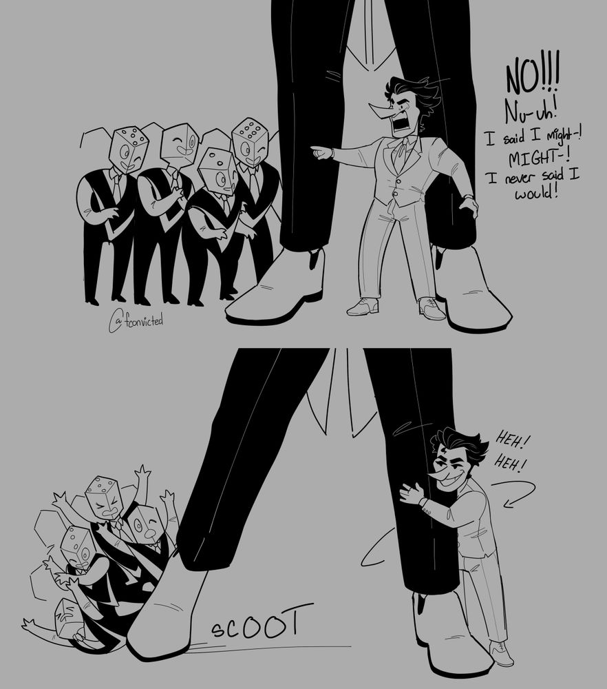 spamton tries avoid the pippins by scampering around tenna's legs. tenna pushes away the group of pippins, keeping them away from spamton.