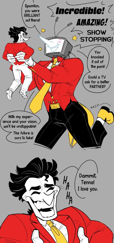 comic of tenna and spamton celebrating some success. spamton casually says "I love you" and tenna shows his overjoy with a sudden growth of flowers around them. 