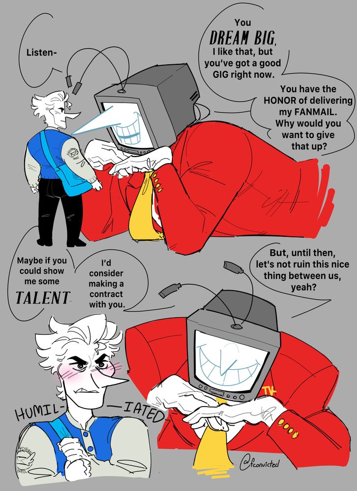 tenna basically tells addison spamton that his current job sending fanmail is as good as its gonna get, so he shouldnt ruin that