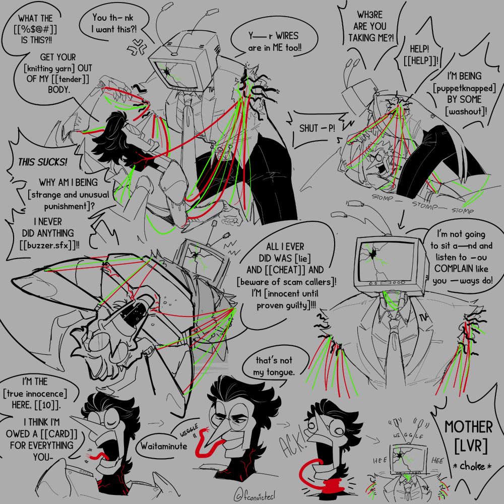 tenna and spamton neo tangled in each others wires, but not in a sexy way, more like in a "this is our get along wires" kindda way
