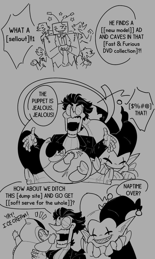 Comic: Spamton accuses Tenna of being a sellout for hanging out with the other Addisons. Jevil accuses Spamton of being jealous. Almost dodging the comment, Spamton suggest he and Lancer go get ice cream.